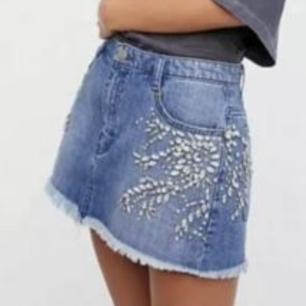 Free People Beaded Rhinestone Denim Mini Skirt